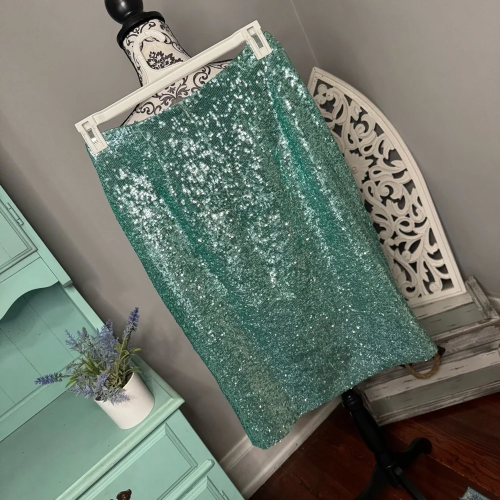 Top Shop Sequin Midi Skirt Size 6 NWT Turquoise Aqua Cocktail Party Boho Glam - Picture 7 of 13